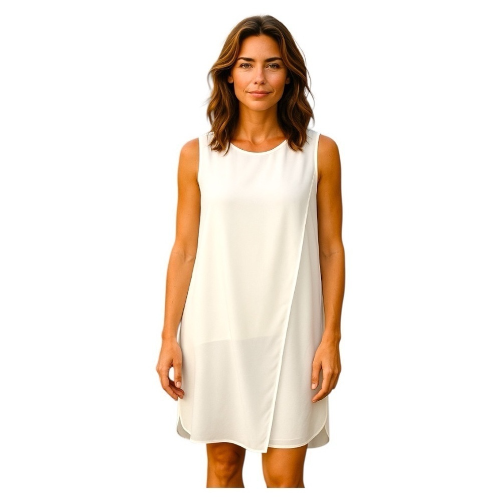 Elena Wang White Dress Sz L Sleeveless Crepe Crossed Front Layover Minimalist
